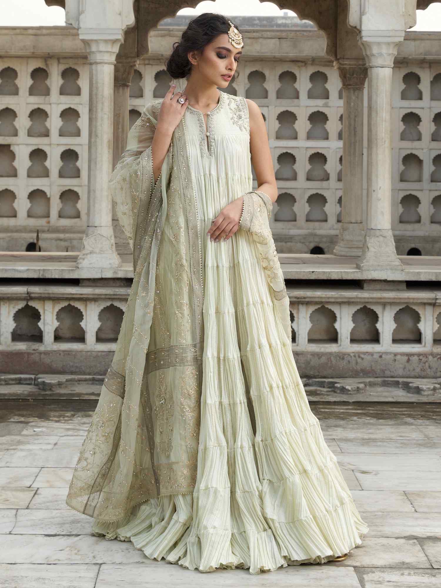 green emerald velvet dress Heavy Flare Anarkali Ruffle Gown For Sangeet Function main image 0