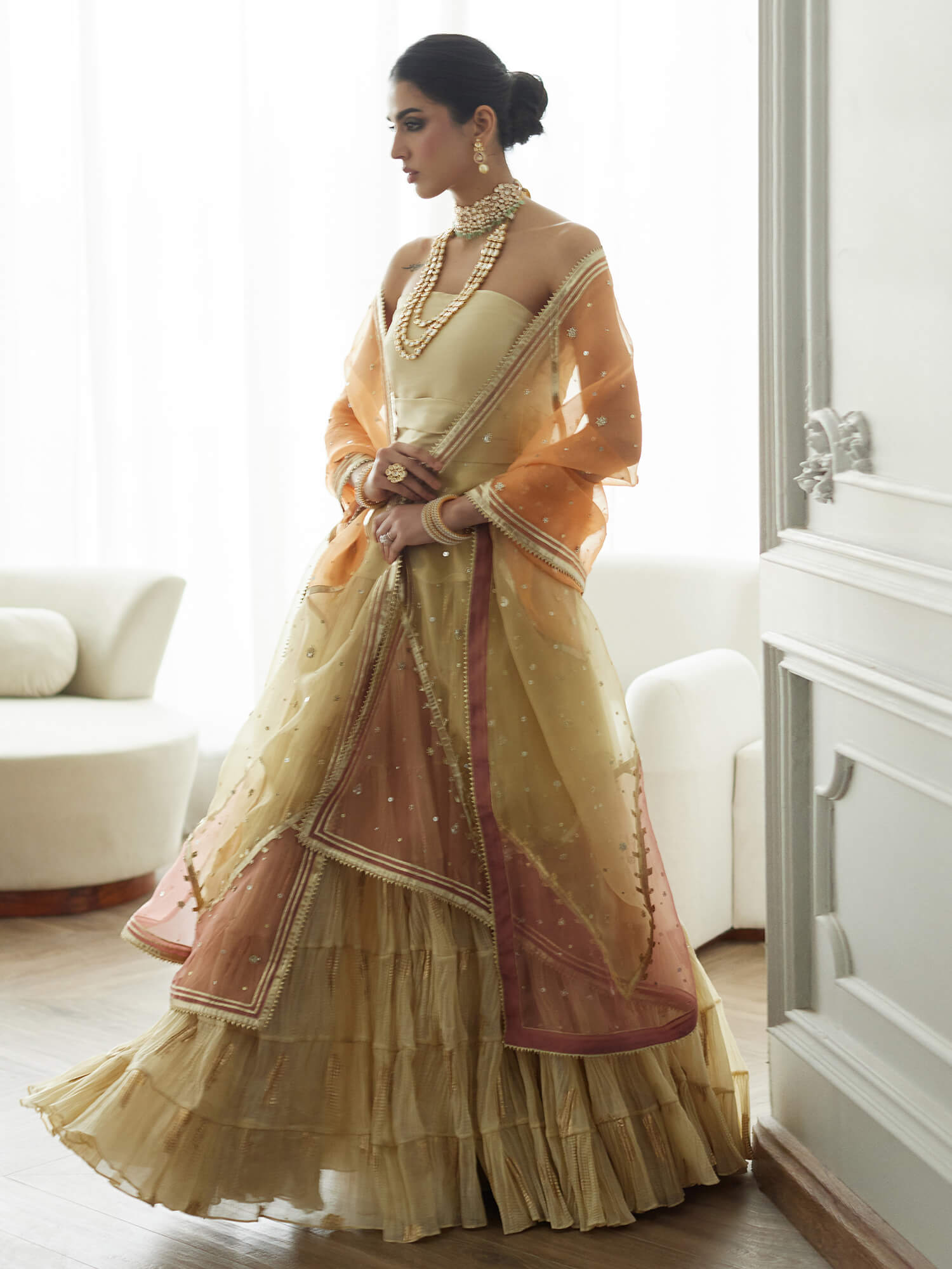 STRAPLESS TOP, CRUSHED GHAGRA & DUPATTA