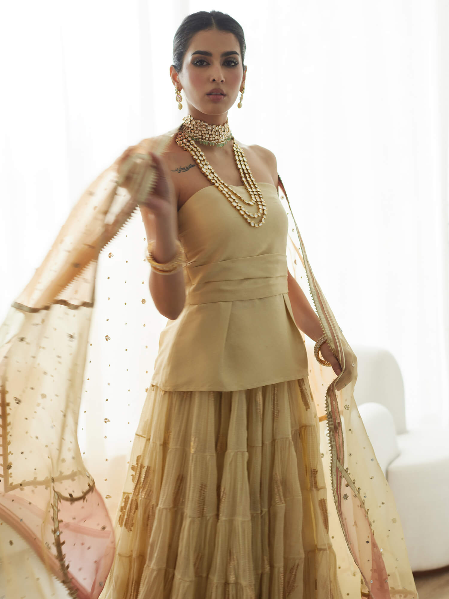 STRAPLESS TOP, CRUSHED GHAGRA & DUPATTA