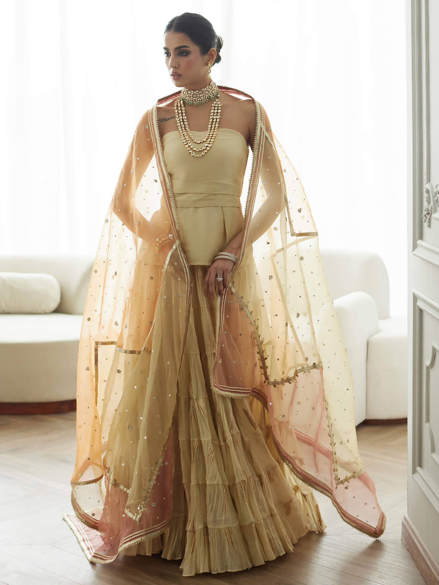 STRAPLESS TOP, CRUSHED GHAGRA & DUPATTA