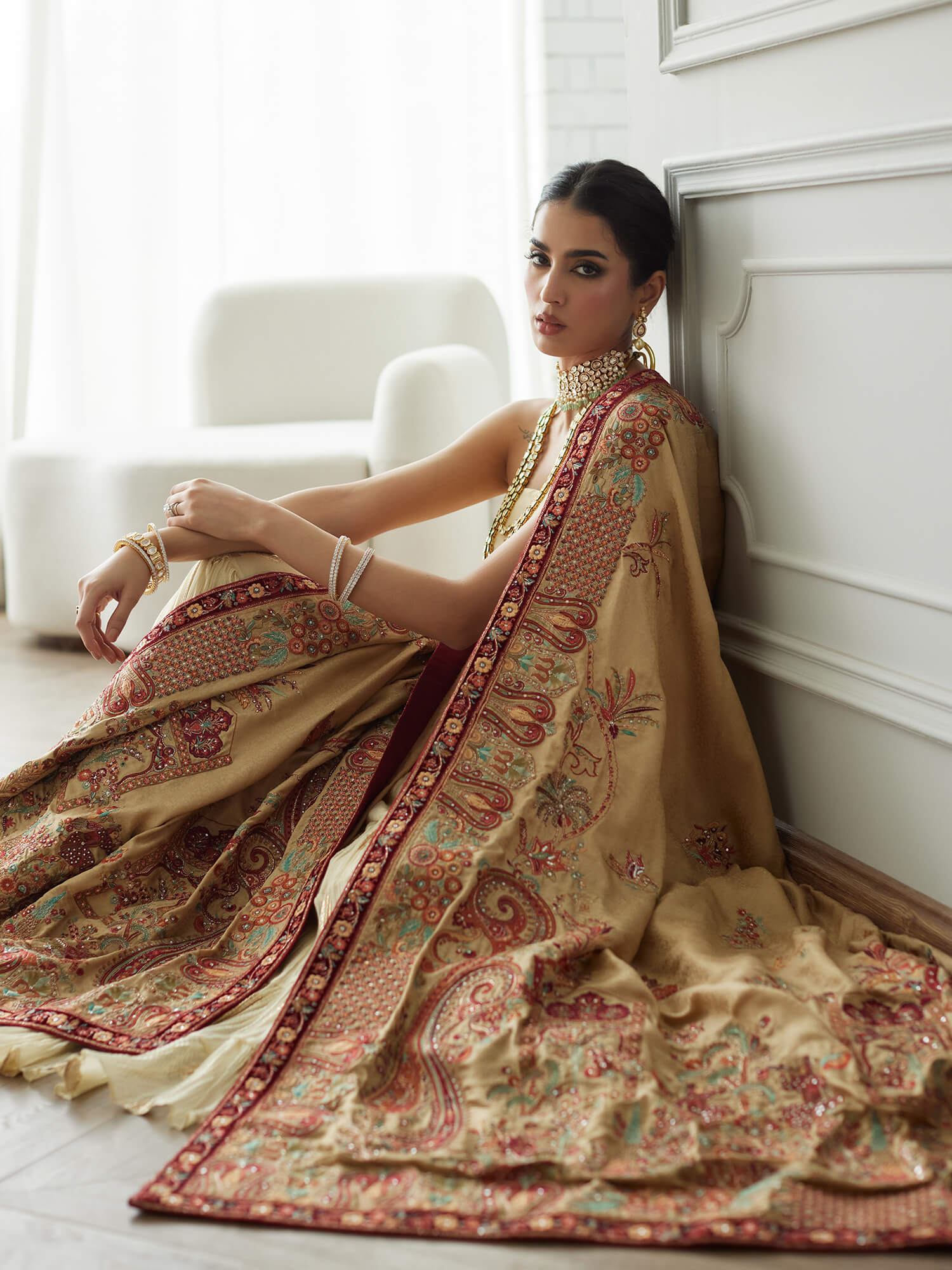 STRAPLESS TOP, CRUSHED GHAGRA & SHAWL