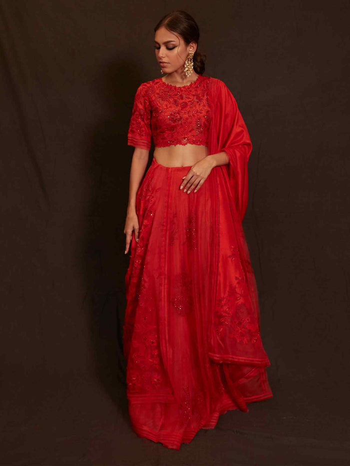 Red Ghaghra With Ornate Blouse & Dupatta main image 0